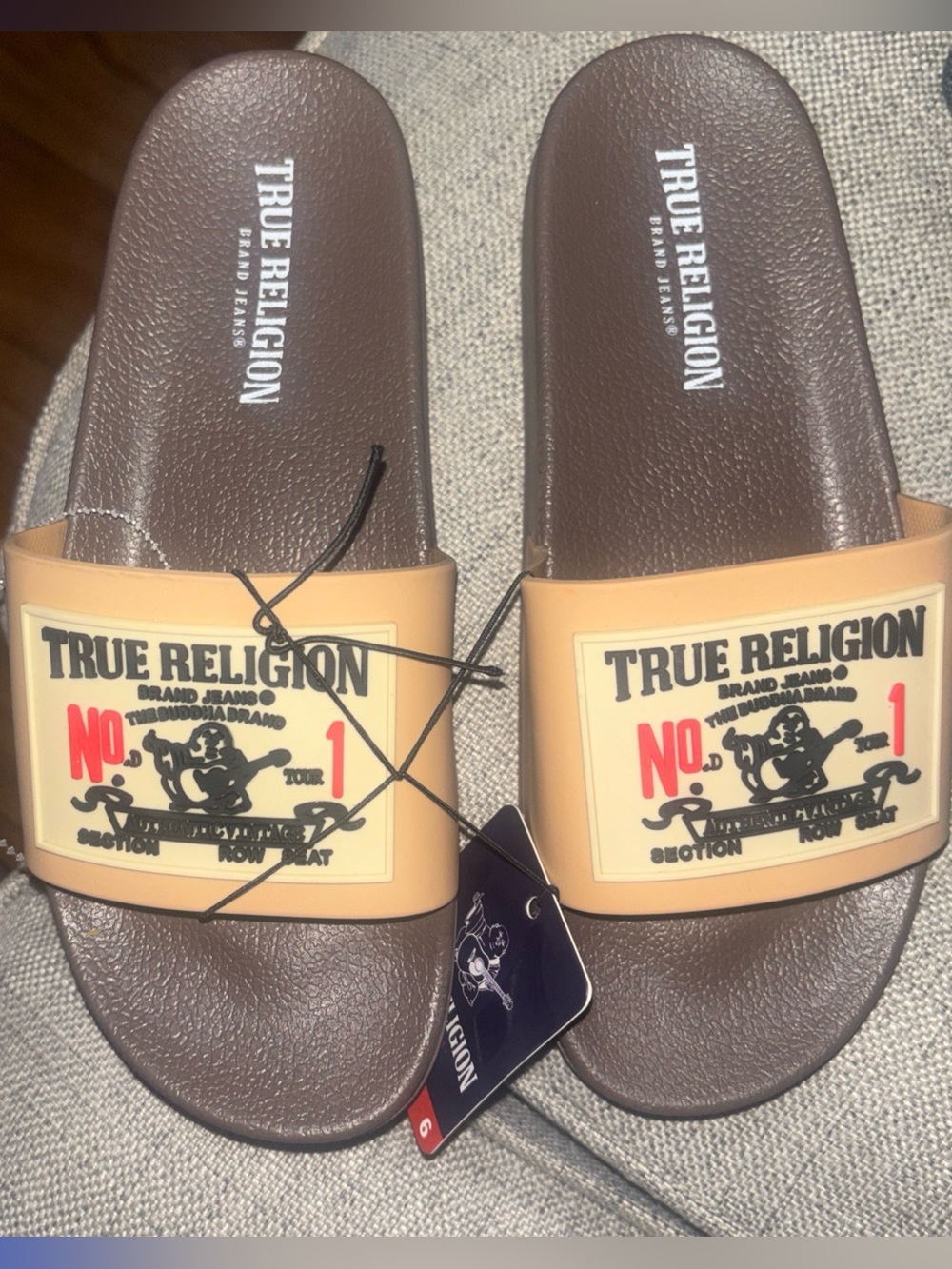 True Religion Brown and Tan Graphic Logo Slides